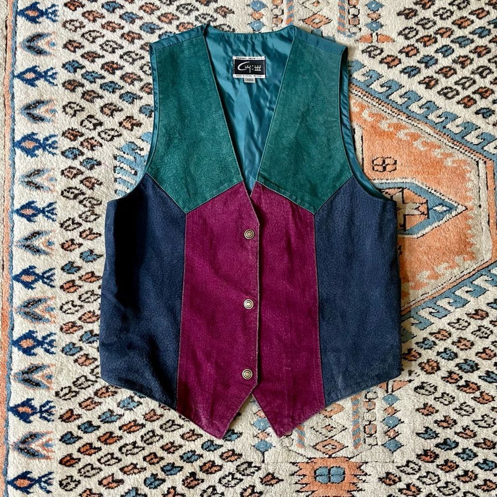 Vintage 90s Teal Maroon Navy Colorblock Suede Snap Vest